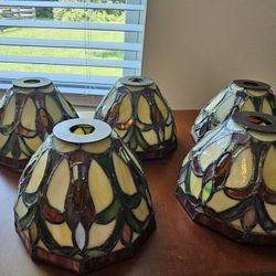 $150.00 - (5) Antique Tiffany Style Stained Glass Lamp Shades, Jeweled Accents!  