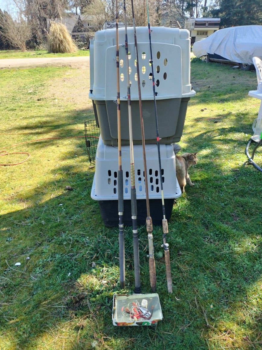 Four Vintage Poles And Antique Lures