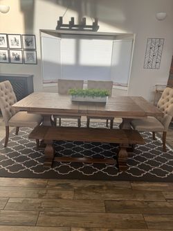Large Extendable Wood Dining Table Set – 4 Chairs + Bench