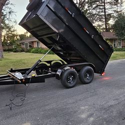 NEW DUMP TRAILER 8X12X4 12000 LBS
ROLLING TARP--SPARE TIRE,ELECTRIC BRAKES,HYDRAULIC SYSTEM,REMOTE CONTROL,IDEAL FOR HAULING, DEMOLITION, TRASH ETC,FO