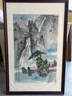 Vintage Framed Chinese Landscape Watercolor Painting