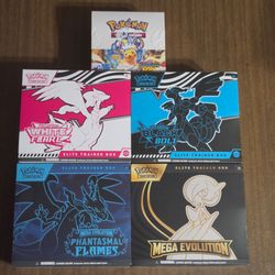 Pokemon Cards Black Bolt, White Flare, Phantasmal Flames, Mega Evolution(Mega Gardevoir) Elite Trainer Boxes and Surging Sparks Booster Box
