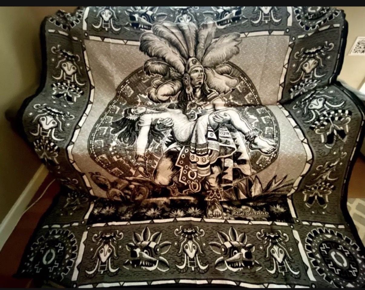 Woven AZTEC LEGENDARY WARRIOR/PRINCESS MEXICAN BLANKET wall hanging 91x81 BLACK