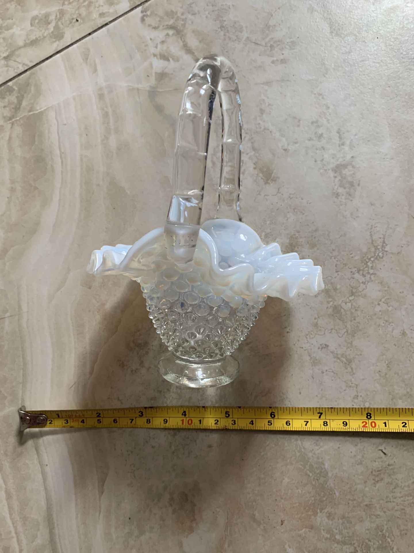 Vintage Fenton Glass WHITE and Clear Opalescent Hobnail Basket 6.5” 1(contact info removed) Coral Springs 33071