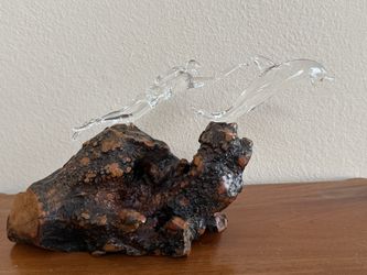 Vintage Glass Sculpture of a Dolphin and a Scuba Diver on a natural wood base