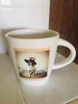 World Market White Ceramic  Coffee Mug with Dog Photo Hard to Find