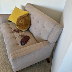 Used beige mid century modern loveseat microfiber soft plush fabric