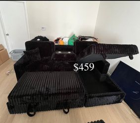 Beautiful‼️ Black Corduroy Sectional Sofa W/Storage, Pullout Bed, And USB Port