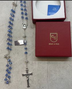 Claudio Cipolletti Silvertone Rosary w/JESUS INRI; Blue with hint of Lilac Crystal Beads