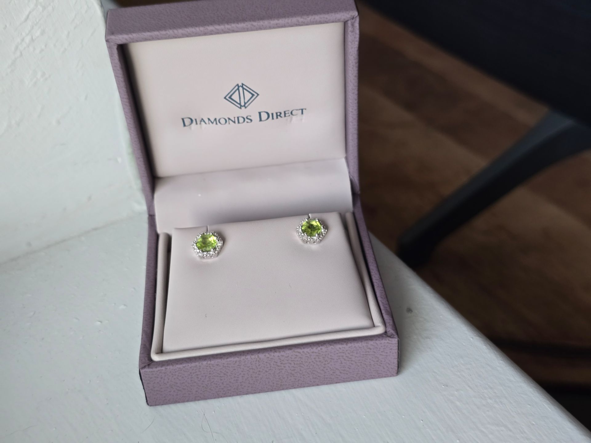 Authentic Diamonds Direct 14k White Gold Hexagon Peridot & Diamond Halo Studs