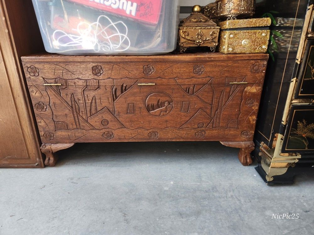 Chinese carved camphor wood chest