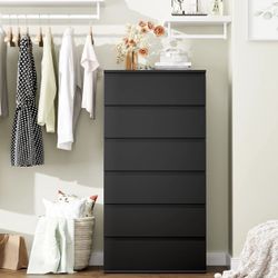 Black Dresser, 6 Drawer Dresser, Modern Tall Black Storage Chest of Drawers Wood Dressers with Metal Sliding Rail, Handleless Drawer Cabinet for Home 