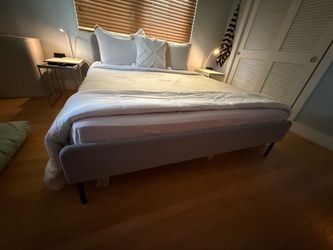 IKEA Upholstered Bed Frame & Firm Mattress with Nightstands and LED Lamps