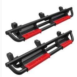 OEdRo All Steel Running Boards With Paintable Step Plates, Bolt-On Side Steps Compatible With 2021-2024 Jeep Wrangler 4XE, Black And Red Powder Coated