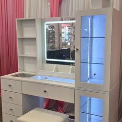 Vanity Table With Mirror Light And Stool 