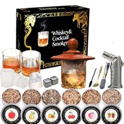 Whiskey Smoker Kit with Torch- 6 Flavors Wood Chips, 2 Whisky Glass Sets- Bourbon Cocktail Smoker Kit, Old Fashioned Drink Smoker Kit, Birthday Bourbo
