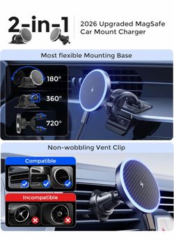 2-in-1 15W Magsafe Car Mount Charger, Magnetic Wireless Car Charger, 360° Dashboard & Air Vent Phone Mount