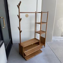 New In Box 41x12x63 Inch Tall Bamboo Garment Stand Coat Clothes Rack Hanger With Shelf Organizer Cabinet Brown Color 