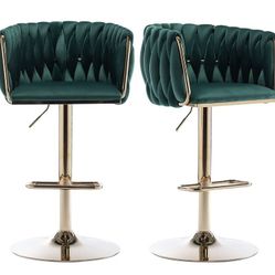 New in box Velvet Bar Stools Set of 2, Luxury Upholstered Bar Chairs with Woven Back & Footrest