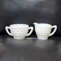 Vintage Jeannette Cube White Milk Glass Creamer & Open Sugar Bowl Set Diamond