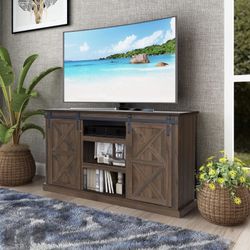 NEW (Dark Walnut) Sliding Barn Door TV Stand, Living Room Entertainment Center, Storage Cabinet