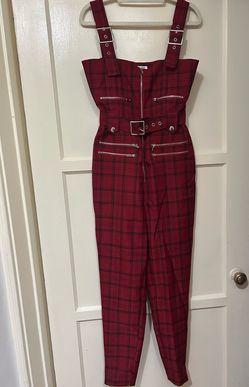 Red plaid jumpsuit / romper with zipper small