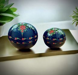 Vintage Portuguese Hand Painted Black Lacquer Nesting Boxes 
