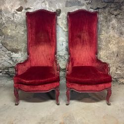 Pair Of Vintage Red Velvet High Wing Back Chairs