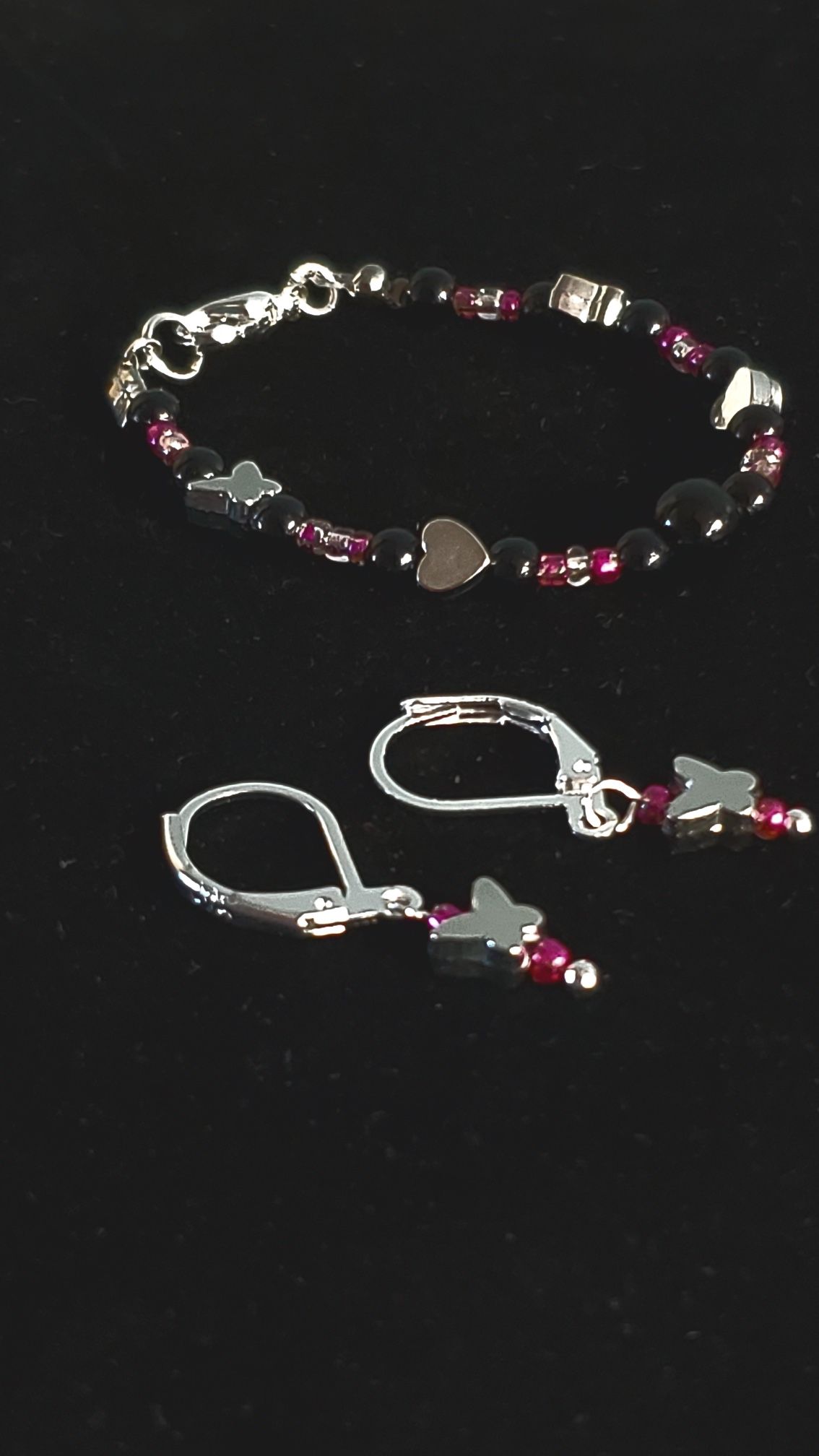 Petite S925 Silver Butterfly’s And Beaded Earrings And Bracelet Set