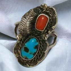 Vintage Sterling Turquoise and Coral Ring, sz 7.75