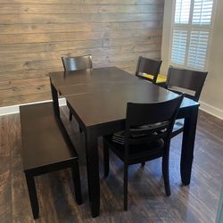 Dark wood Dining Table + 4 Chairs + Long Bench