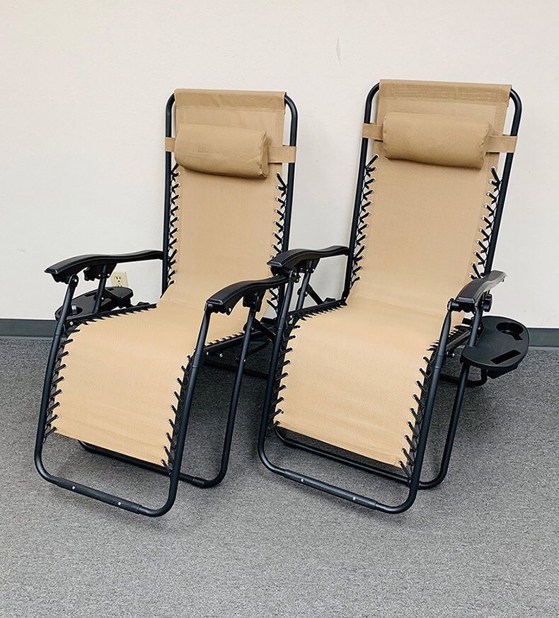 (New in box) $70 (set of 2) Tan or Black Adjustable Zero Gravity Lounge Chair Patio Pool w/ Cup Holder