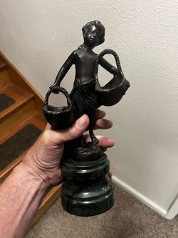 Suzanne Bizard (1(contact info removed)) French Girl Holding Flower Baskets Bronze Figurine Signed