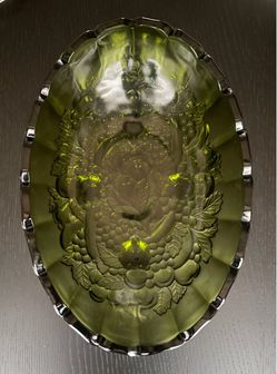 Vintage Green Indian Pressed Glass Oval Serving Bowl
