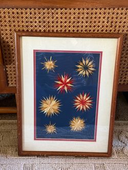 Vintage Scandinavian handmade 17x13” Starburst Straw Art Navy Mat wood frame mcm mid century