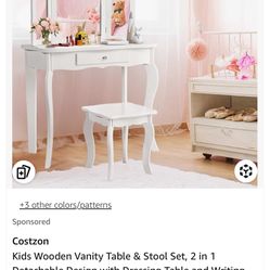 Costway Vanity Table Set Makeup Dressing Table Kids Stool Mirror White