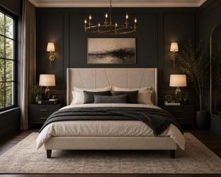 King bed Size Platform Bed Frame with Geometric Wingback Headboard, Wooden Slats Support, No Box Spring Needed, Modern Style in Beige