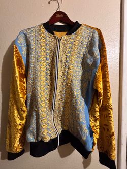 Boho Velvet & Embroidered Bomber Jacket – Gold & Powder Blue (Unlabeled)