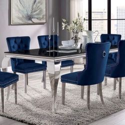 Brand New Glam Black Blue Chrome 7pc Dining Table Set