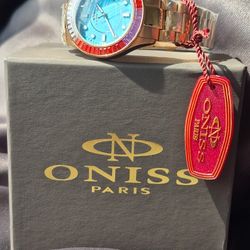 ONISS PARIS - Princess Bello Rainbow Edition Gold Watch with Crown Blue Dial