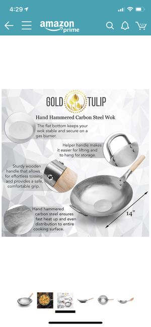 Photo Carbon Steel Wok Authentic Hand Hammered 14 inch Flat Bottom by Gold Tulip - Wooden and Helper Handle Sturdy - Not Too Heavy - Suitable for Gas Stove