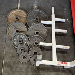 Old school Olympic weights 240lbs total plus weights tree