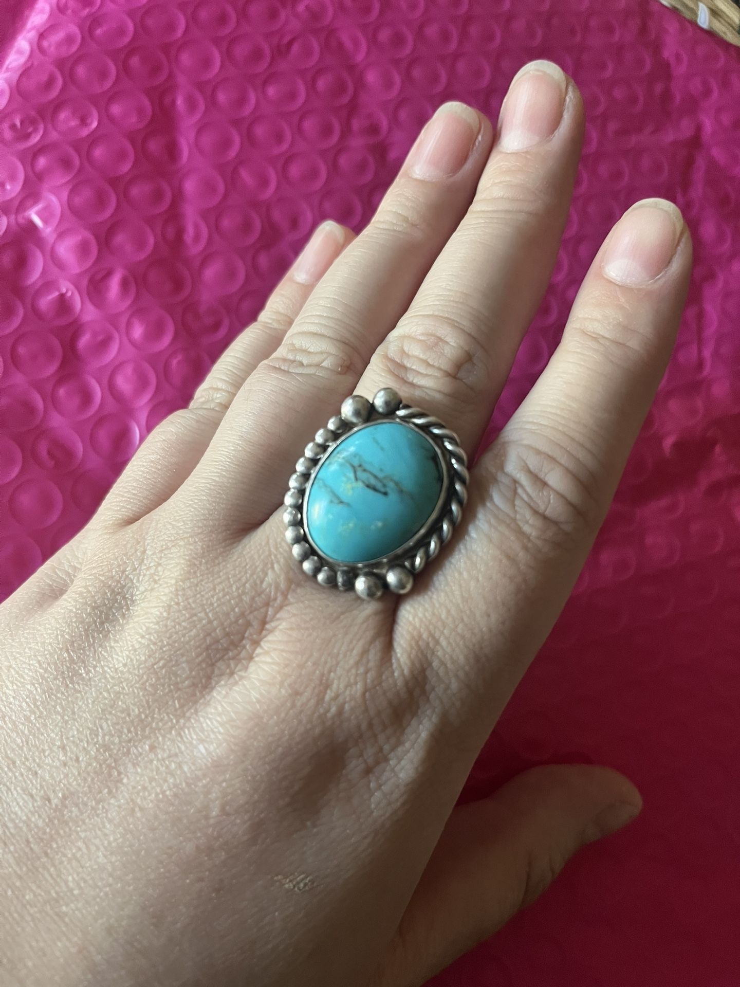 Vintage Sterling Silver Turquoise Ring Size 10.5