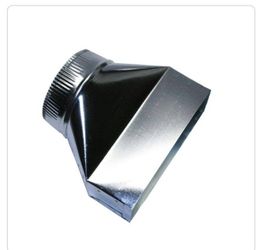 Three and a quarter by 10-in rectangle to 6-in round. Galvanized steel duct transition