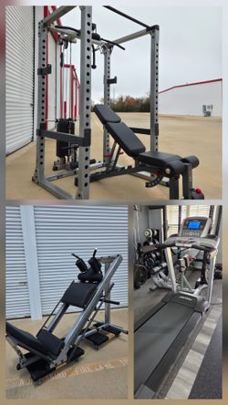 Gym Combo  Body Solid Power Cage w/ Pulley & Bench   Leg Press / Hack Squat  & Life Fitness Treadmill  READ BELOW.  DR0P0FF AVAIL