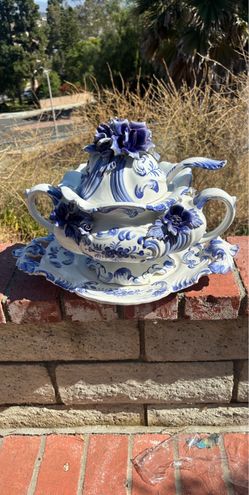 Vintage Italian Bassano Ceramic Soup Tureen Set w/ Platter & Ladle - RARE 4pc Complete Set