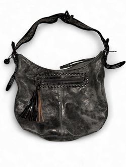 Rare Vintage 2000s Leatherock Hobo Bag Silver Metallic Distressed Leather Y2K Boho Shoulder Bag Studded Tassel Braided Strap Grunge Fairy Bag Made In