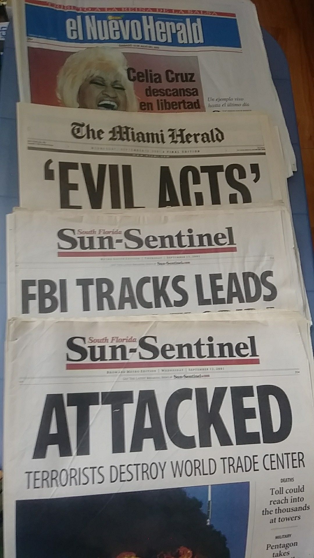 Newspapers from The Twin Towers Terror Attack Celia Cruz death