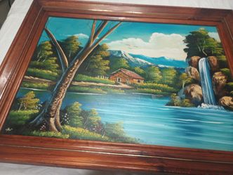 Framed Oil Painting Landscape with Waterfall