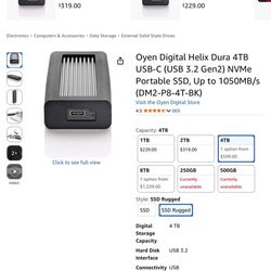 Oyen Digital Helix Dura 4TB USB-C (USB 3.2 Gen2) NVMe Portable SSD Rugged Hard Drive (DM2-P8-4T-BK)